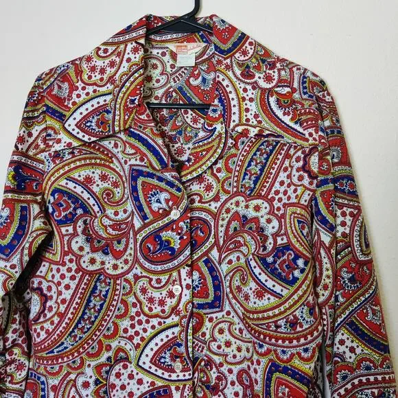 Vtg 70s Barrymore Wing Collar Paisley Textured Polyester Disco Blouse Large Boho - Picture 3 of 9